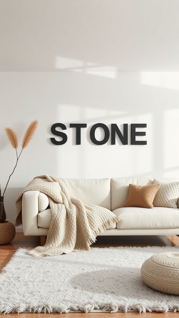 A cozy minimalist living room featuring a soft sofa with a chunky knit blanket, plush pillows, and a fluffy rug.