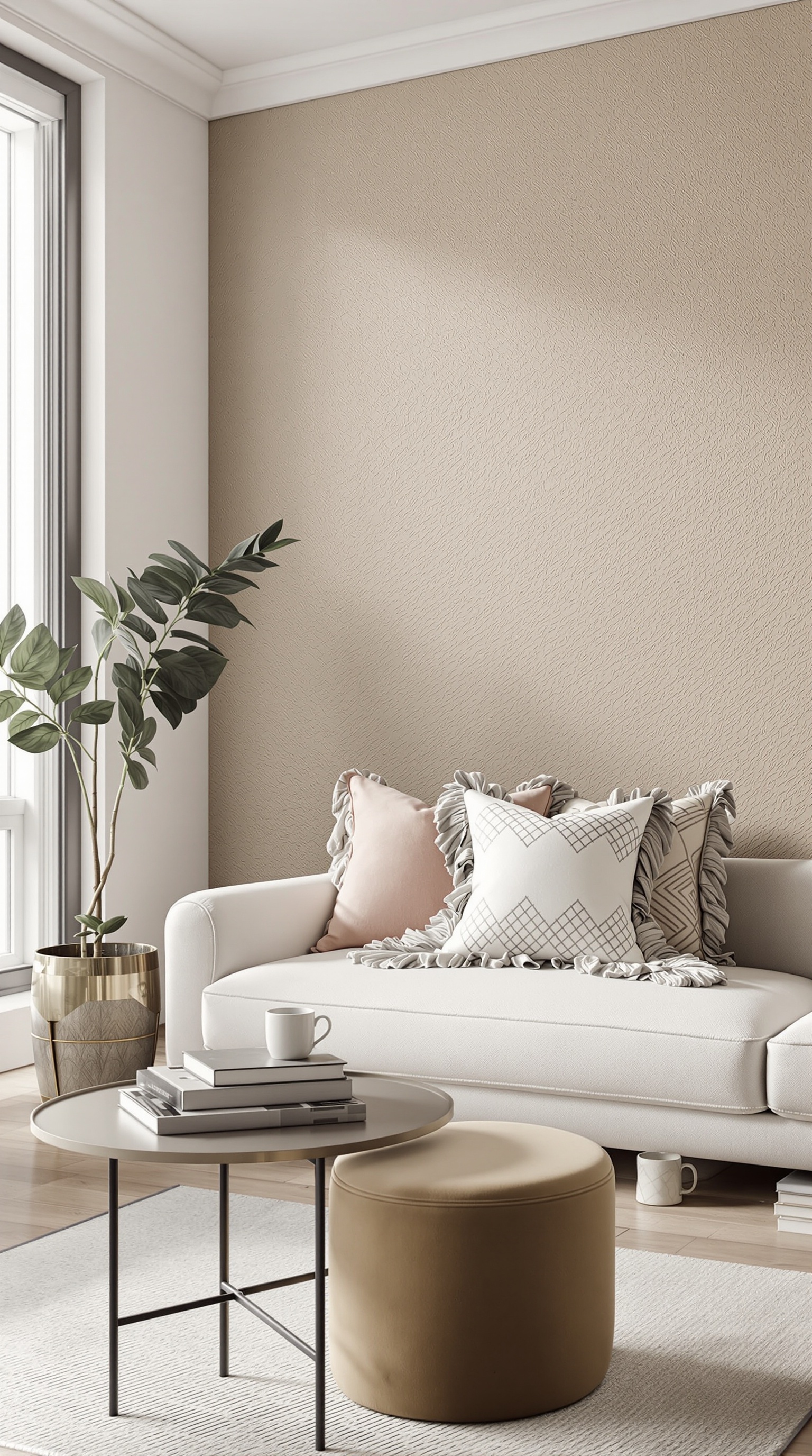 A warm neutral living room featuring textured wall treatments.