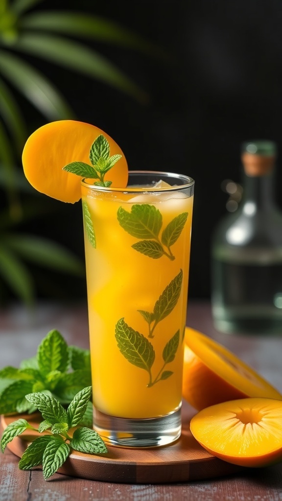 A refreshing Tropical Mango Mint Cooler mocktail in a tall glass, garnished with mint leaves and a slice of mango.