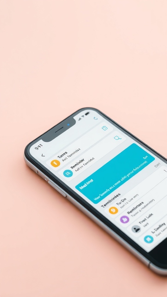 A smartphone displaying reminders and to-do lists on a table surrounded by letters.