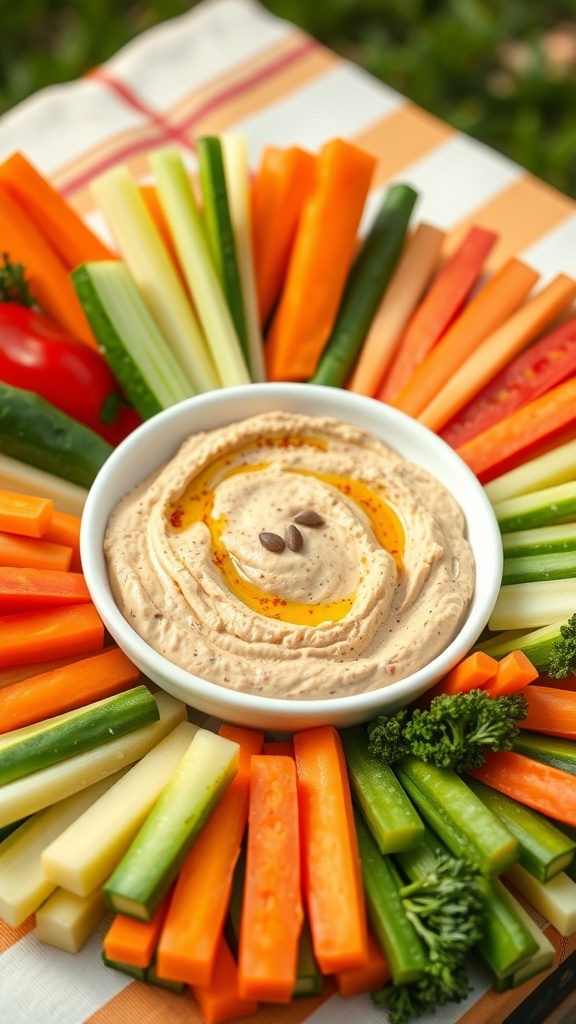 A colorful arrangement of veggie sticks including carrots, cucumbers, and bell peppers, served with a bowl of hummus.