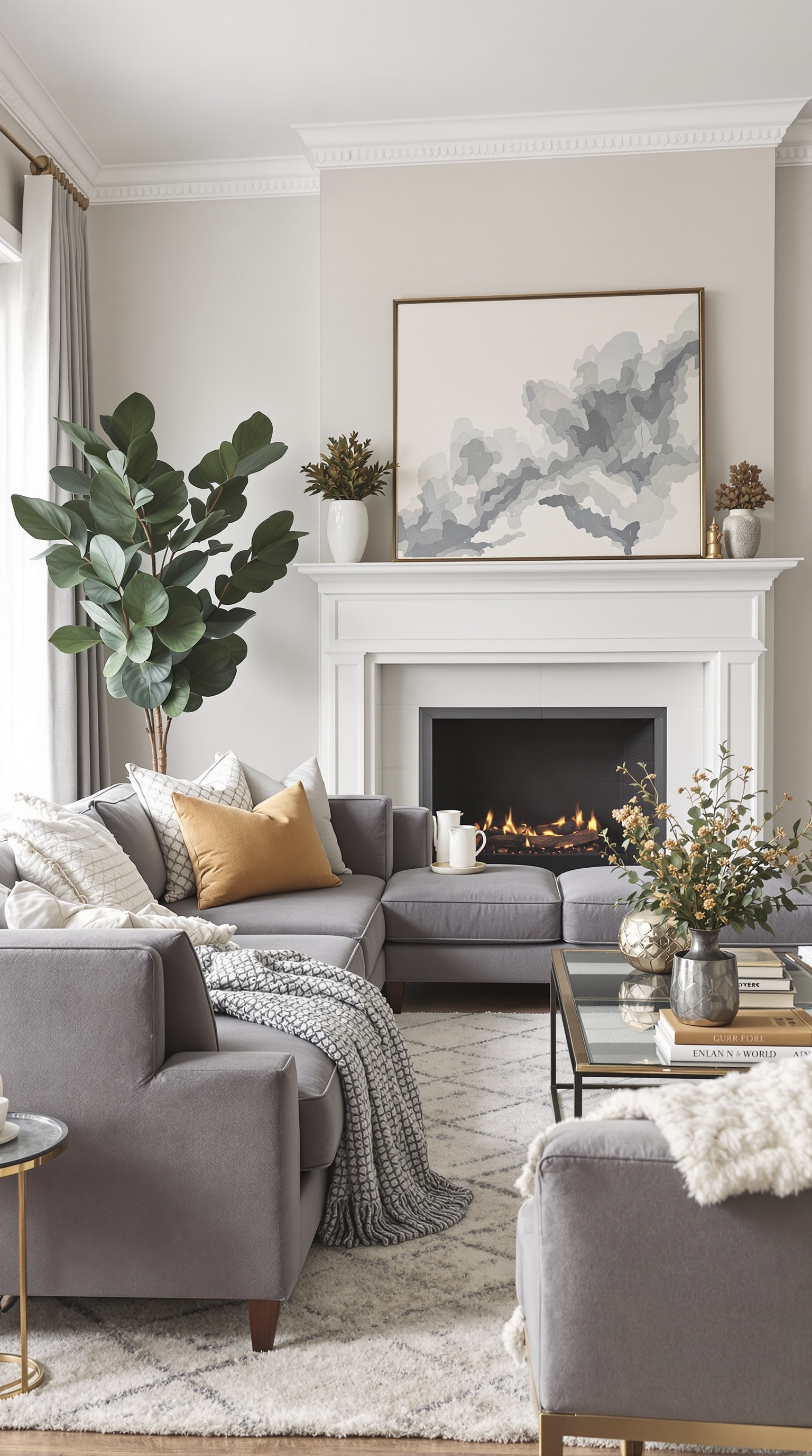 A stylish living room featuring warm gray tones, wooden accents, and colorful cushions.