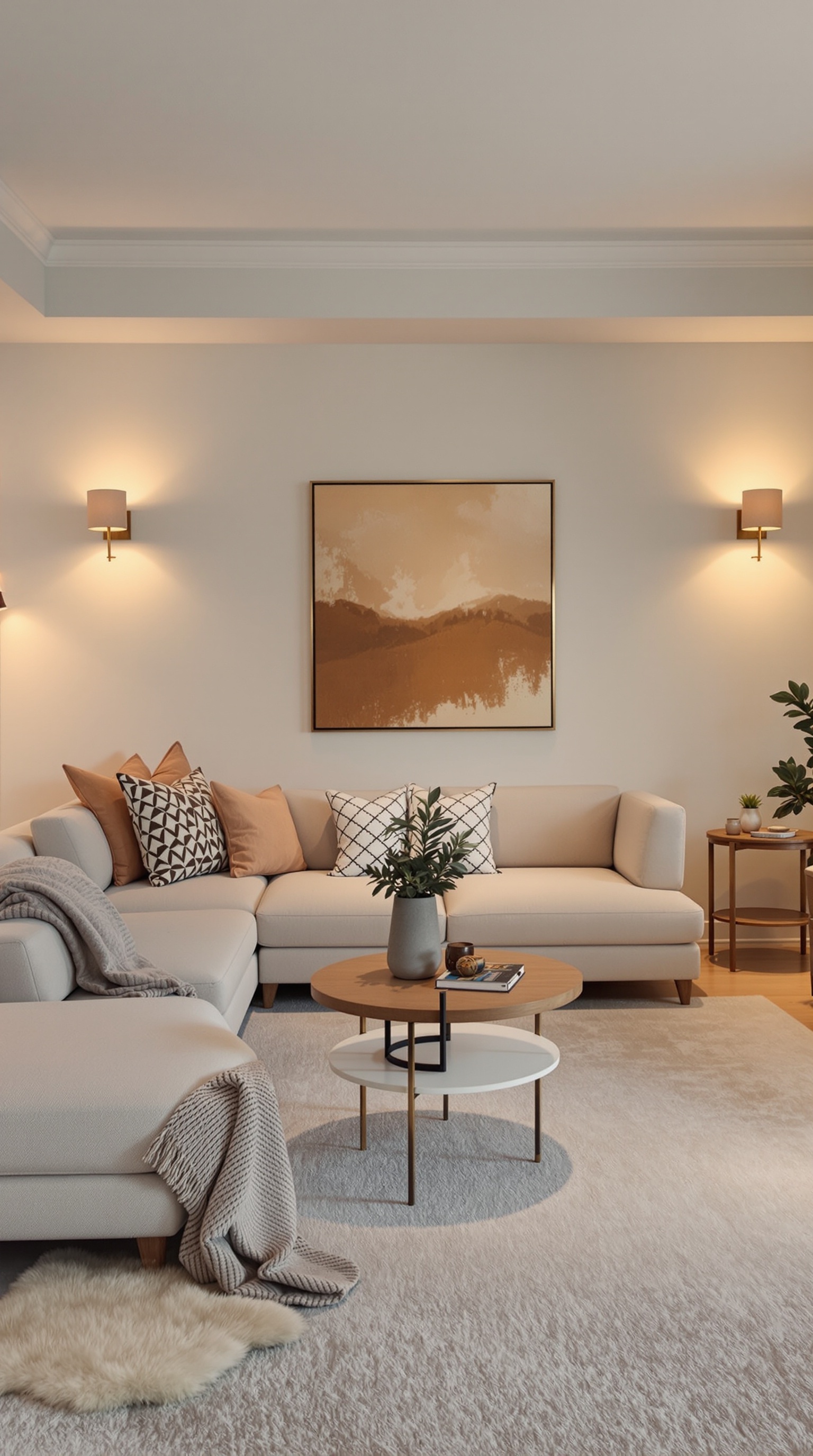 A warm neutral living room with soft lighting fixtures, showcasing a cozy and inviting atmosphere.