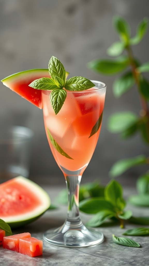 A refreshing watermelon basil mocktail garnished with fresh basil leaves and a slice of watermelon.