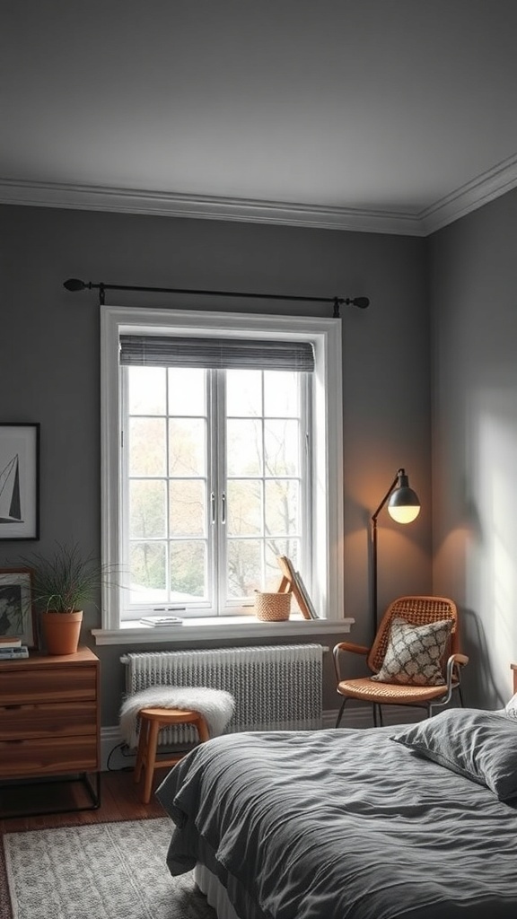 A cozy reading nook by the window in a grey bedroom, featuring a comfortable chair, soft blanket, and potted plants.