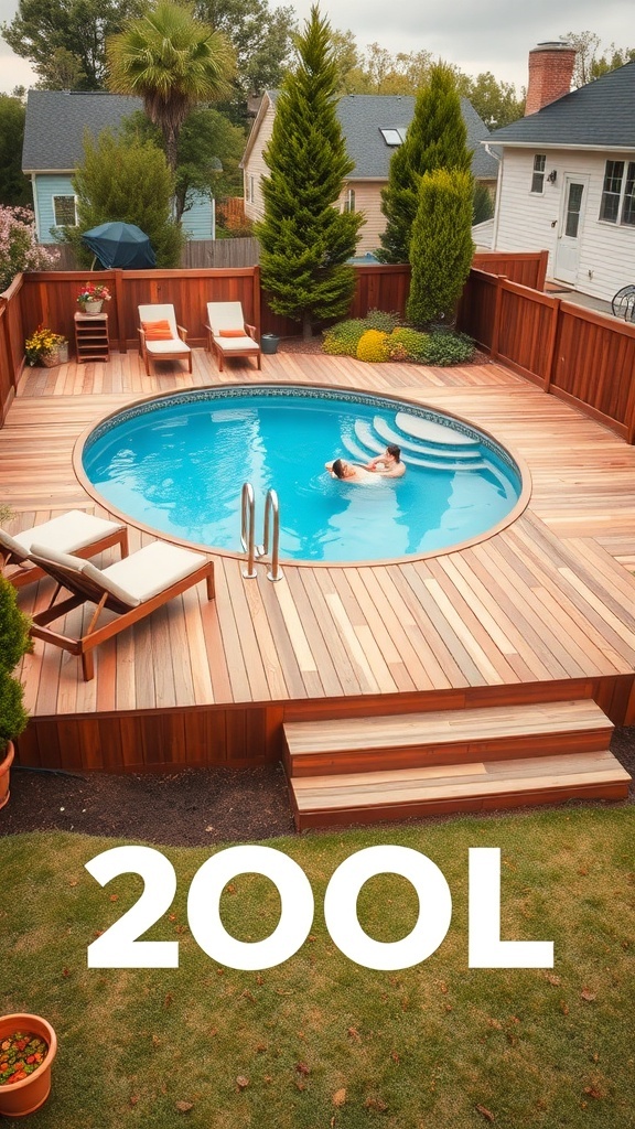 A cozy above-ground pool surrounded by wooden decking and lounge chairs.