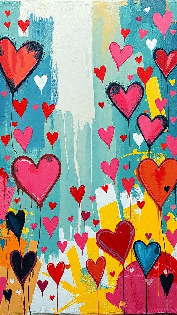 Colorful abstract heart patterns with various sizes of hearts in red, pink, and blue against a vibrant background.