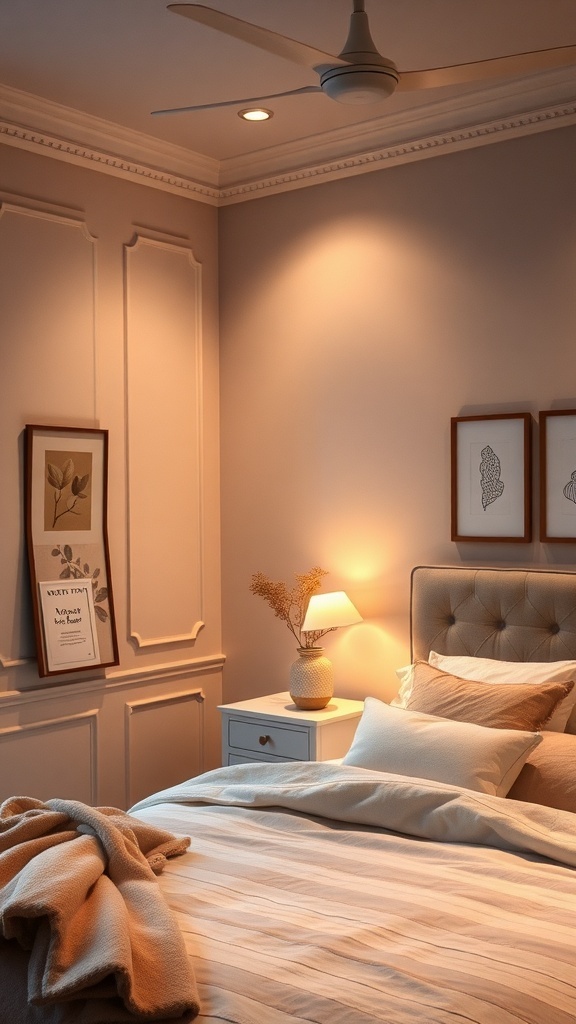 Cozy cream and beige bedroom with warm accent lighting