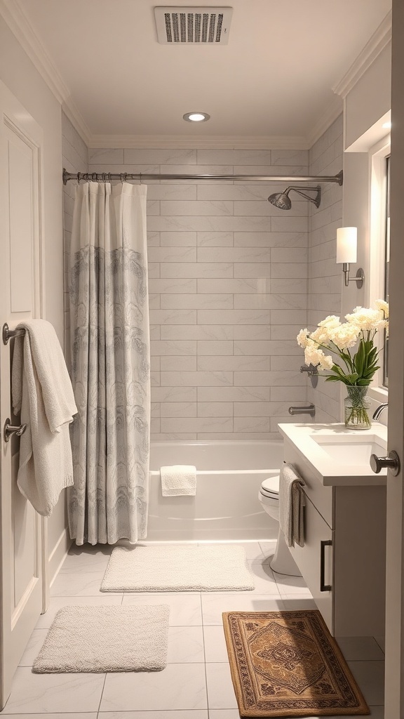 A small master bath featuring soft towels, bath mats, and a decorative shower curtain.