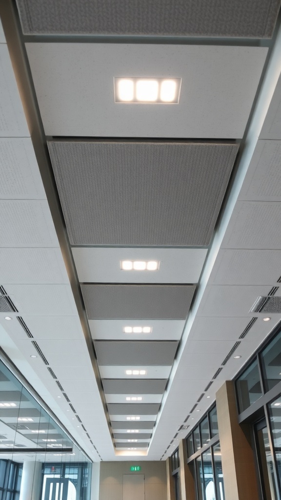 A modern ceiling design featuring acoustic panels and recessed lighting.
