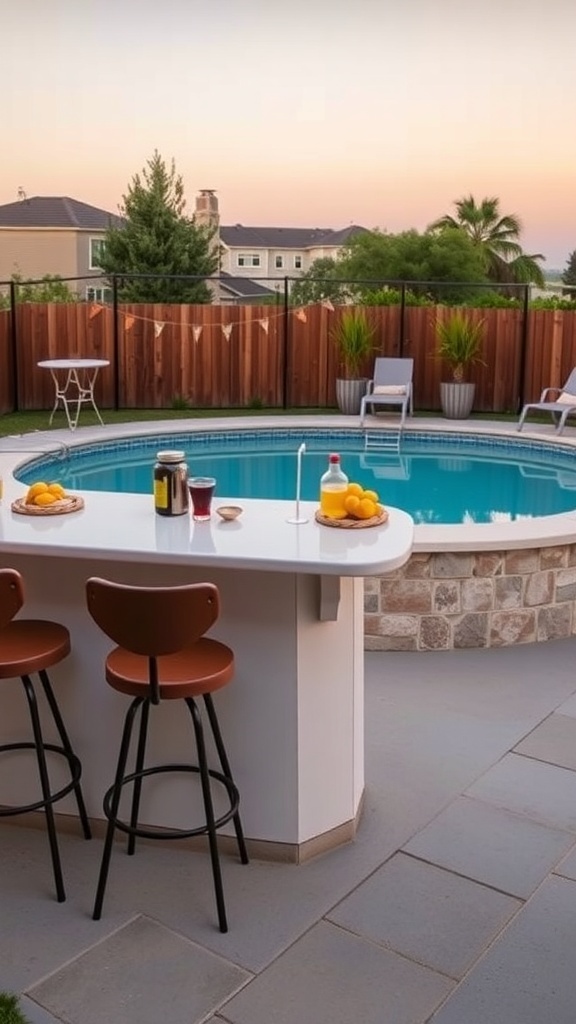 A stylish poolside bar with stools, drinks, and lemons, next to a sparkling above ground pool.