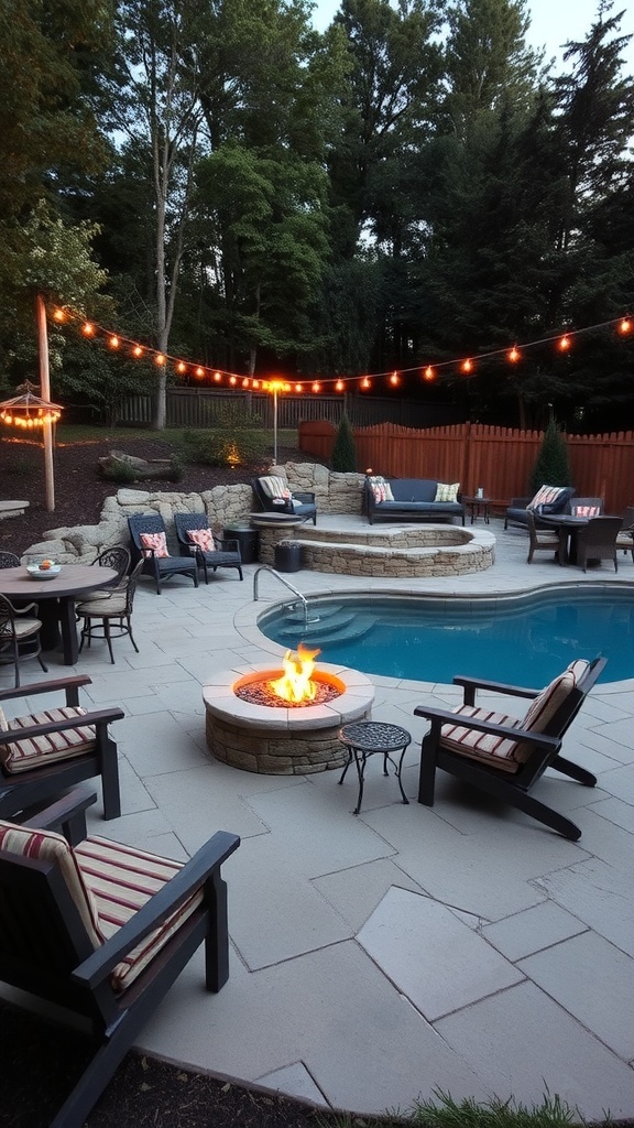 A cozy poolside area featuring a fire pit surrounded by comfortable seating and string lights.