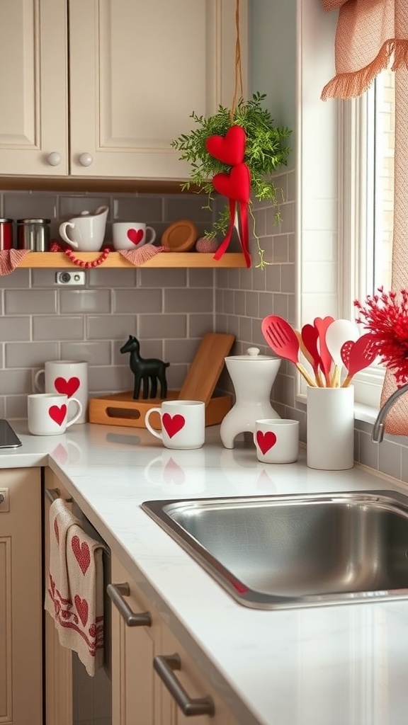 A cozy kitchen decorated with heart-themed items, including mugs and towels with heart designs, creating a warm Valentine's Day atmosphere.