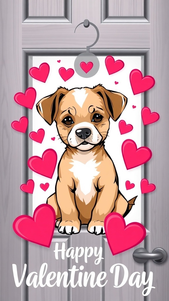 A door hanger featuring a cute puppy surrounded by pink hearts with the text 'Happy Valentine Day'.