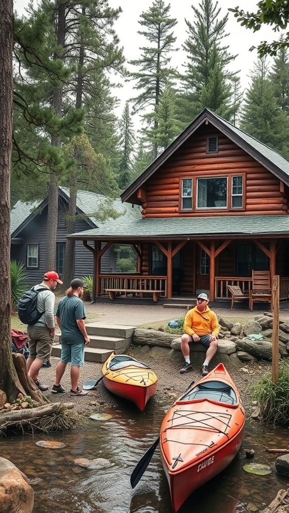 A cozy cabin by a stream with friends preparing to kayak.