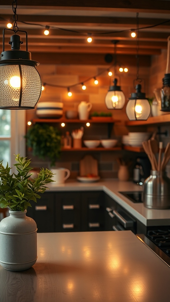 Cozy kitchen with ambient lighting, featuring hanging lights and string lights, creating a warm atmosphere.