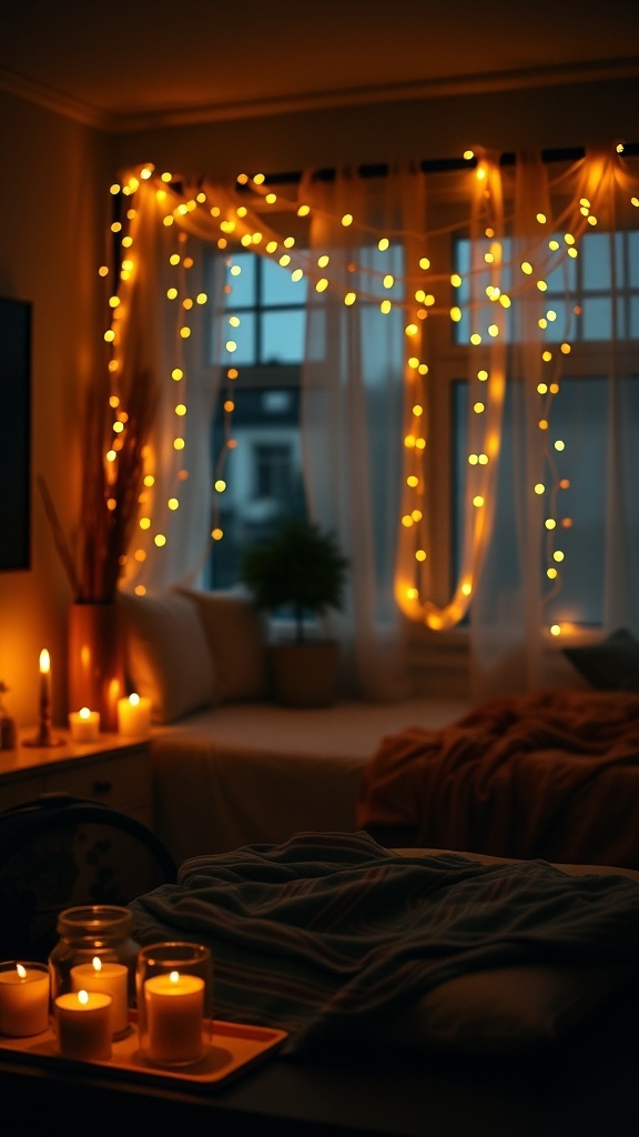 A cozy bedroom with warm fairy lights and candles, creating a serene atmosphere.