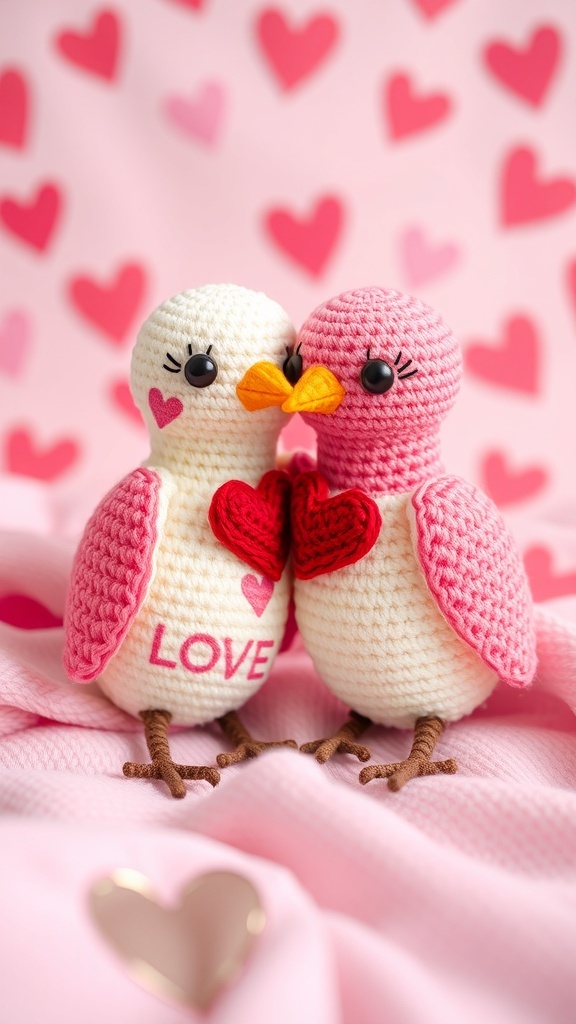 Crocheted love birds in pink and white with hearts, symbolizing Valentine's Day.