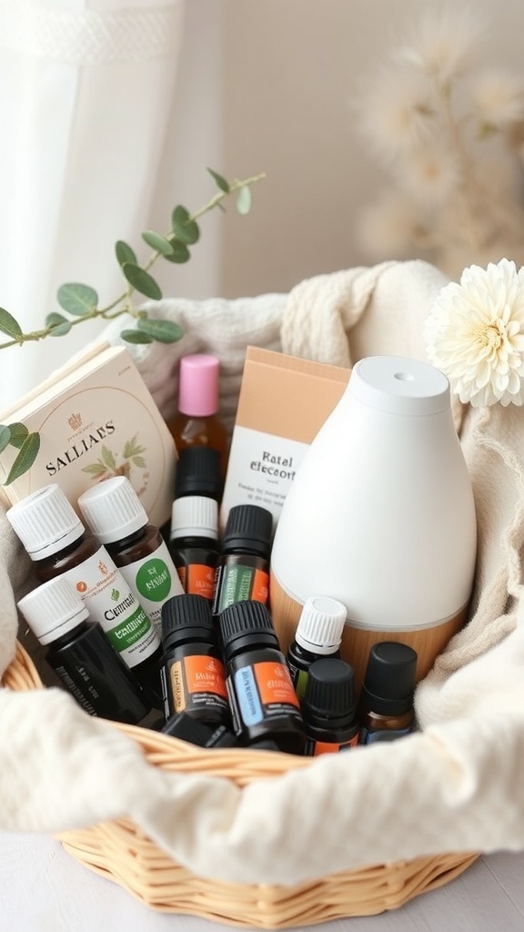 A cozy basket filled with essential oils, a diffuser, and calming books for aromatherapy.