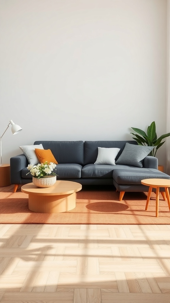 A dark grey sofa in a bright living room with round coffee tables and a plant.