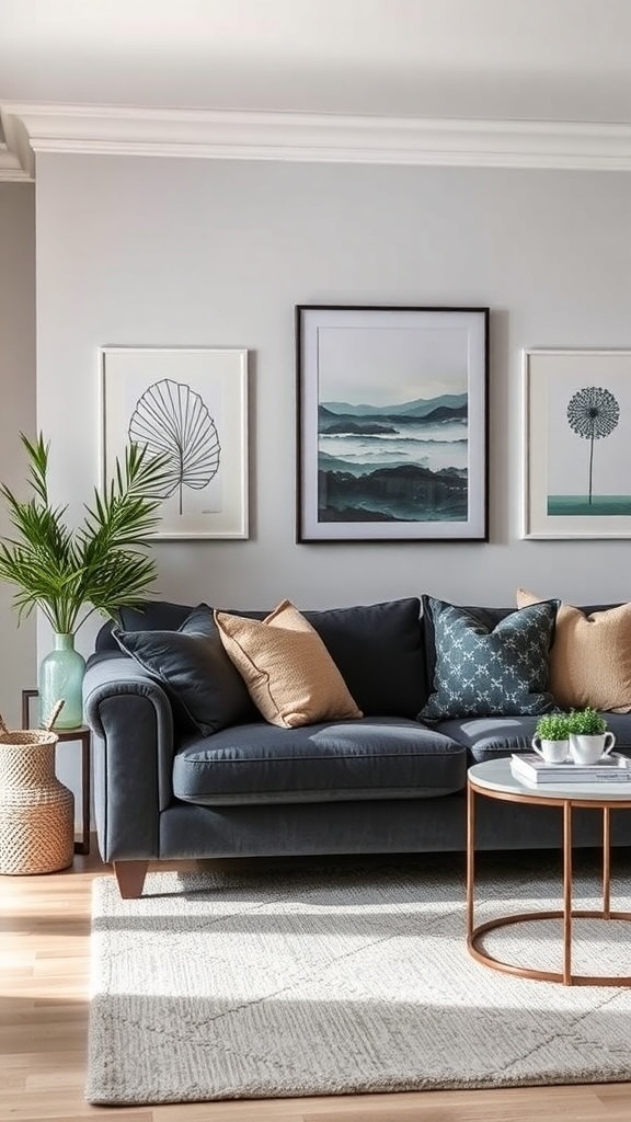 A dark grey sofa with colorful pillows, a coffee table, and wall art in a living room.
