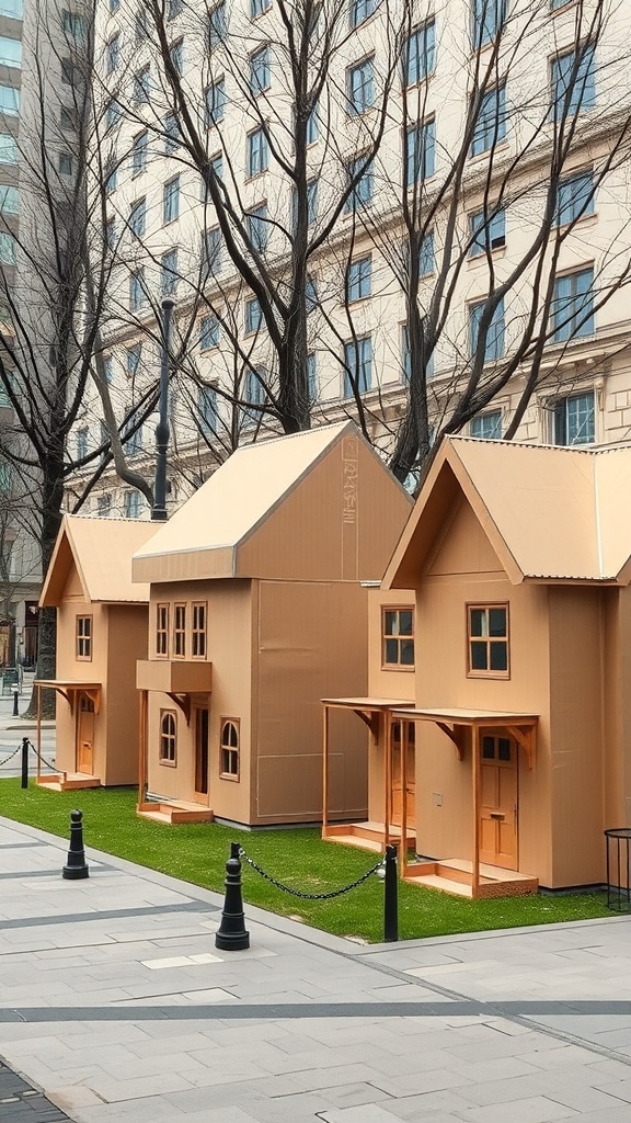 Art installation featuring cardboard box houses in an urban setting.