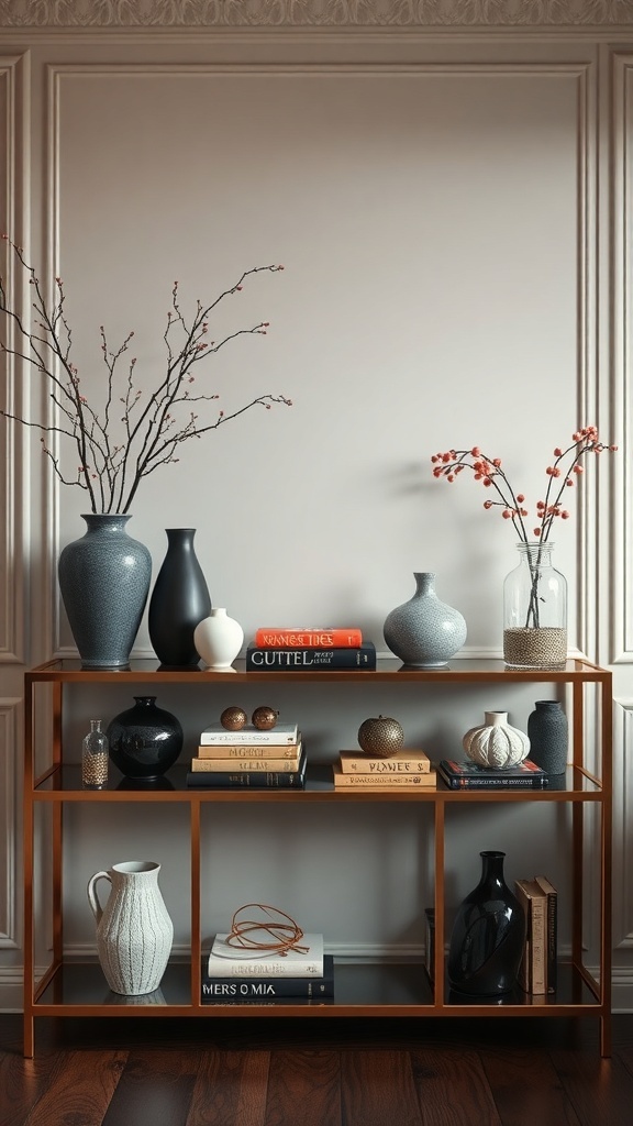 A stylish shelf displaying various vases, books, and decorative items, creating an artful arrangement.
