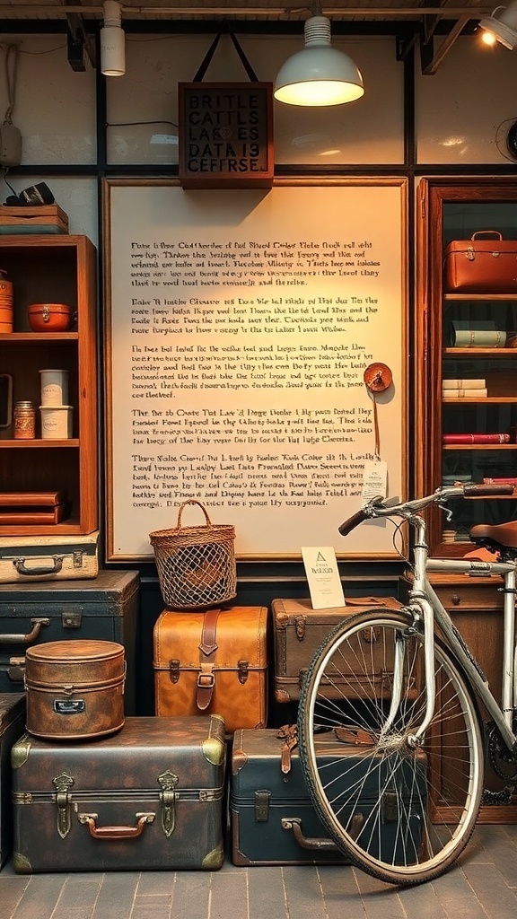 A vintage shop display featuring old suitcases, a bicycle, and a wall sign with historical context.