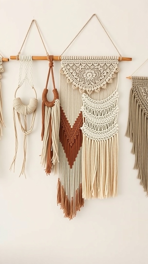 Collection of macramé wall hangings in earthy tones