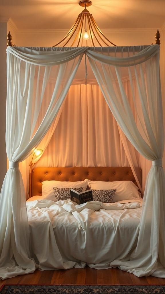 A cozy canopy bed with soft drapes and warm lighting, creating a perfect reading nook.