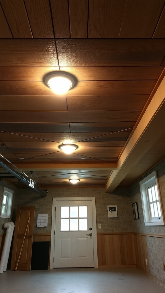 A low ceiling basement with wooden paneling and recessed lighting.