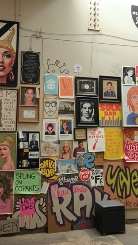 A collage of various wall art pieces in a grunge apartment, featuring portraits, graffiti, and colorful designs.