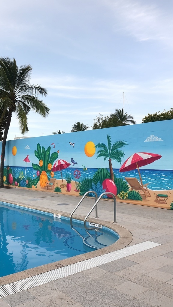A colorful mural depicting a beach scene with palm trees, sun, and beach umbrellas near a swimming pool.