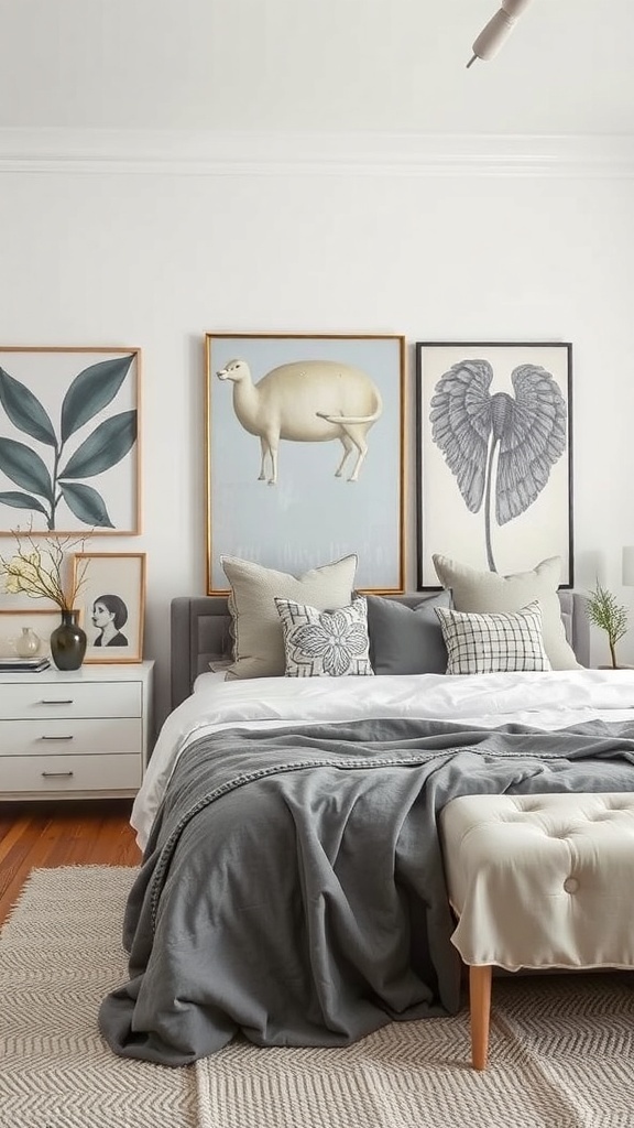A stylish grey and white bedroom featuring artistic wall art, cozy bedding, and decorative pillows.
