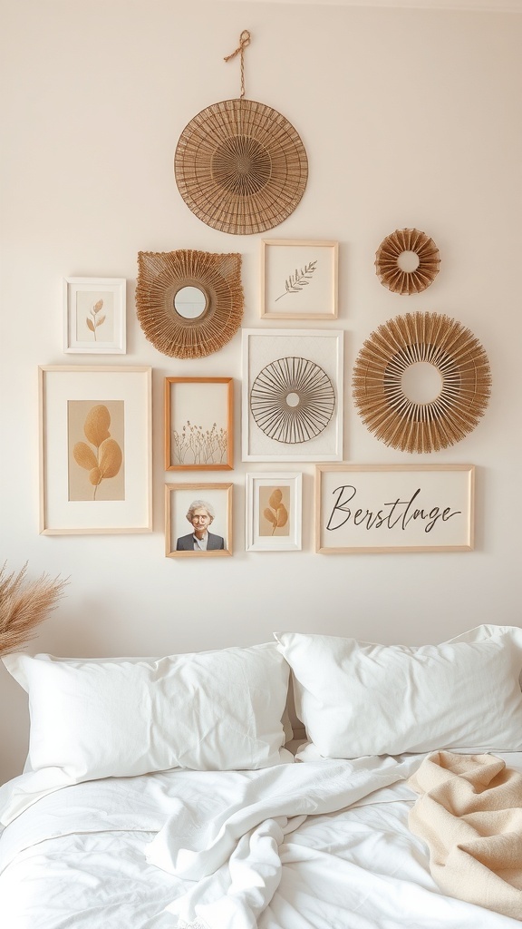 Artistic wall decor in neutral tones featuring woven pieces, framed botanical prints, and a mirror.