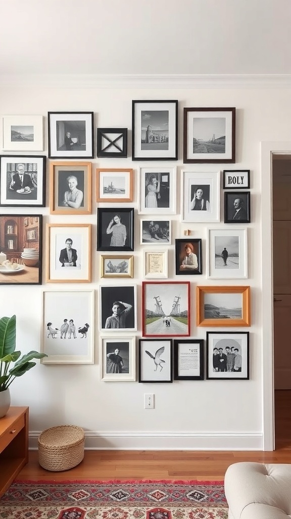 A wall gallery featuring various framed black and white photographs and art pieces in different styles and sizes.