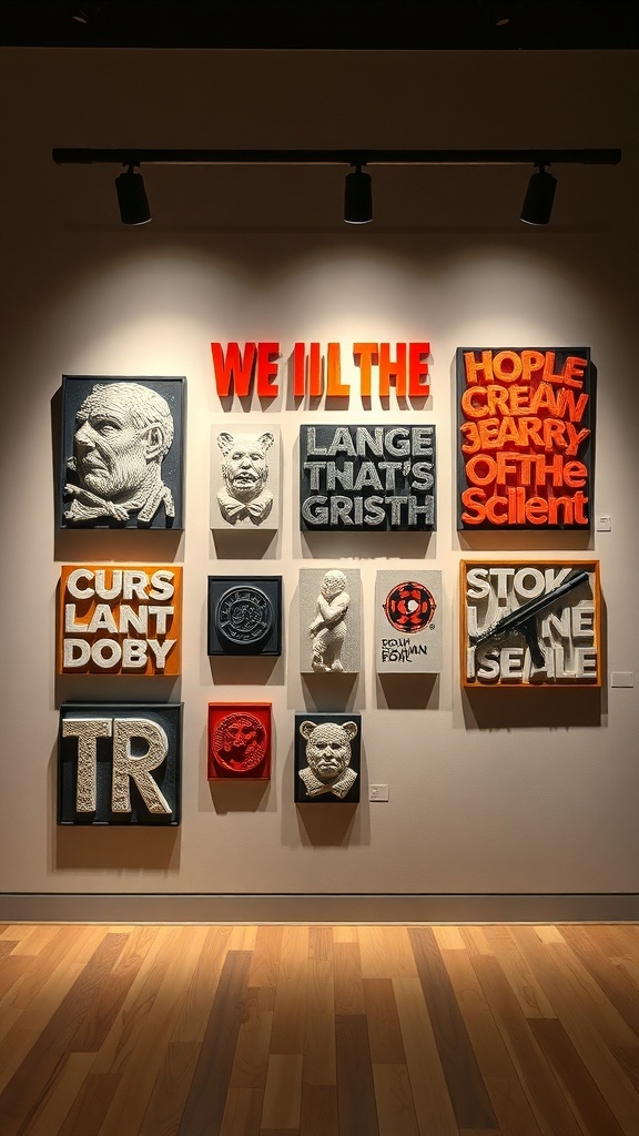 A collection of 3D printed wall hangings featuring various artistic designs and textures.