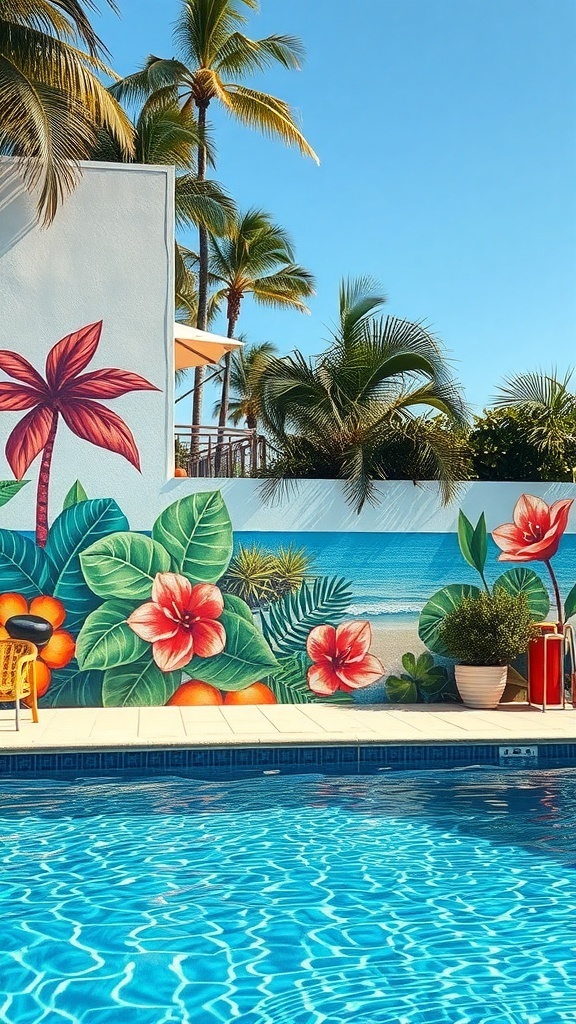 A vibrant tropical mural featuring palm trees and flowers near a swimming pool.