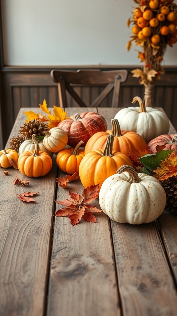 A rustic wooden table decorated with various pumpkins, pinecones, and autumn leaves for a harvest celebration.
