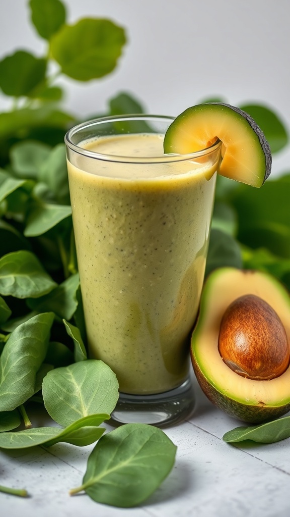 A refreshing avocado and spinach green smoothie in a glass, garnished with a slice of avocado.