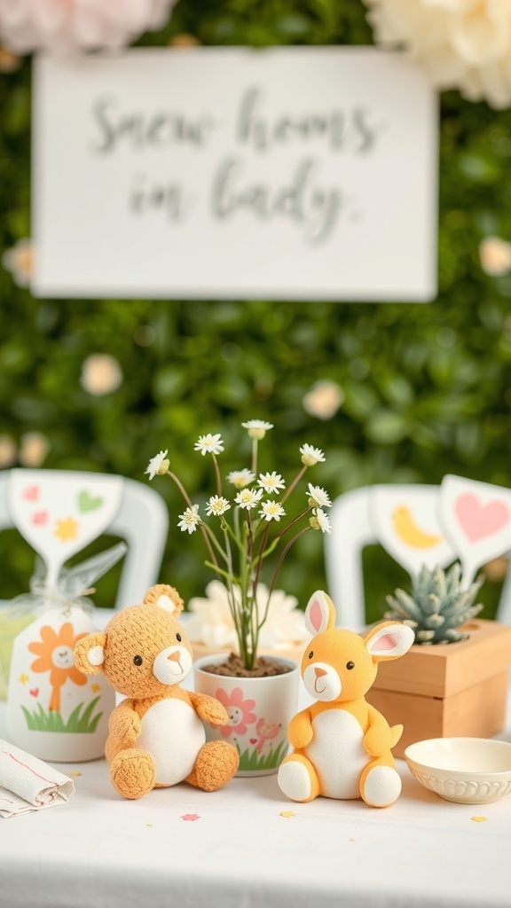 Decorations for a baby animal themed baby shower with plush toys and flowers.