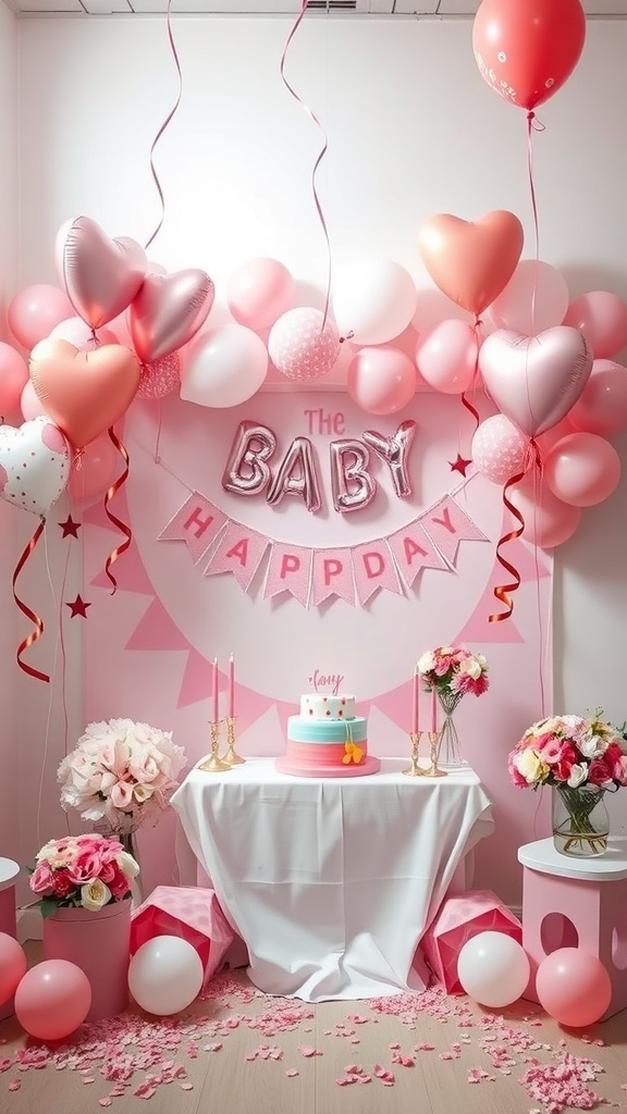A beautifully decorated baby shower setup with pink balloons, flowers, and a cake.