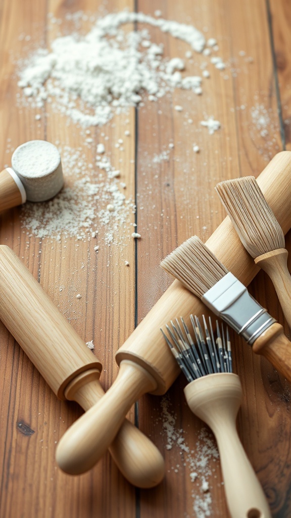 A collection of baking utensils including rolling pins, a flour sifter, brushes, and a pastry cutter on a wooden surface with flour scattered around.