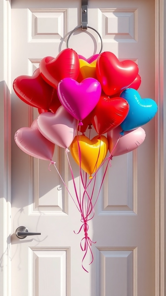 A colorful arrangement of heart-shaped balloons hanging on a door