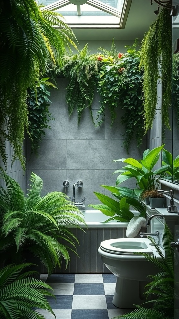 A bathroom filled with lush ferns and plants, creating a serene and natural environment.