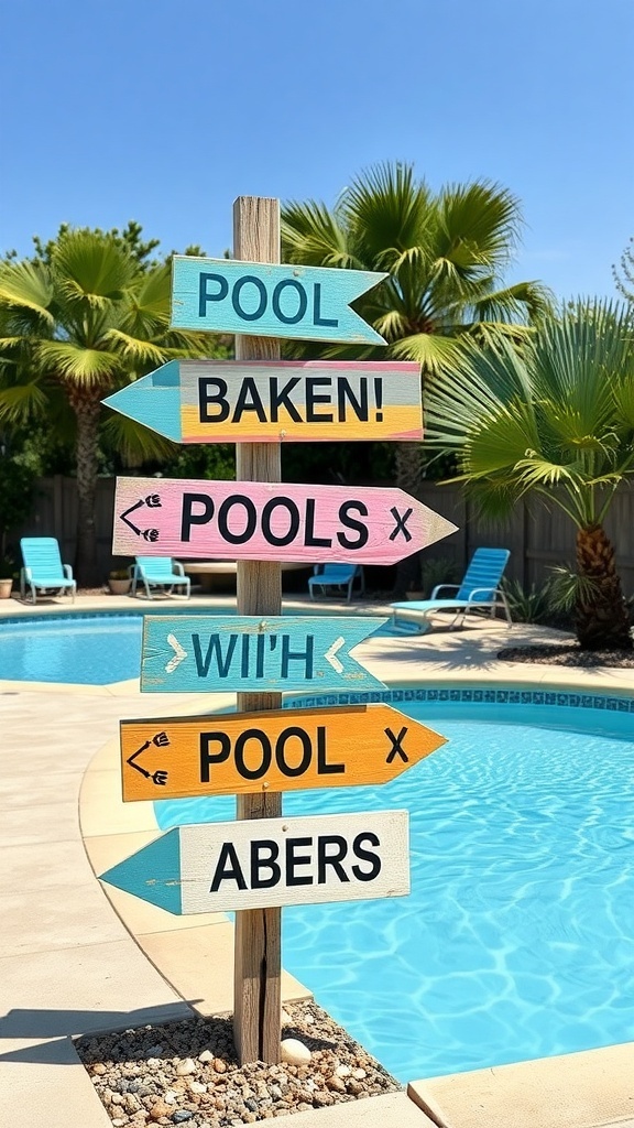 Colorful beach-themed poolside signpost with directional arrows.