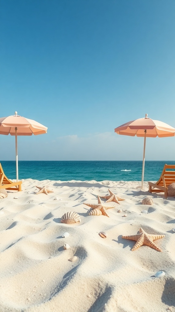 A serene beach scene with umbrellas and lounge chairs on soft sand, decorated with seashells and starfish.