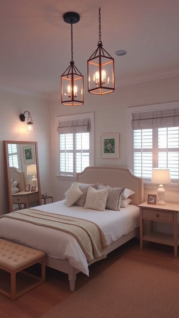 A cozy beach-themed bedroom with stylish lighting fixtures.