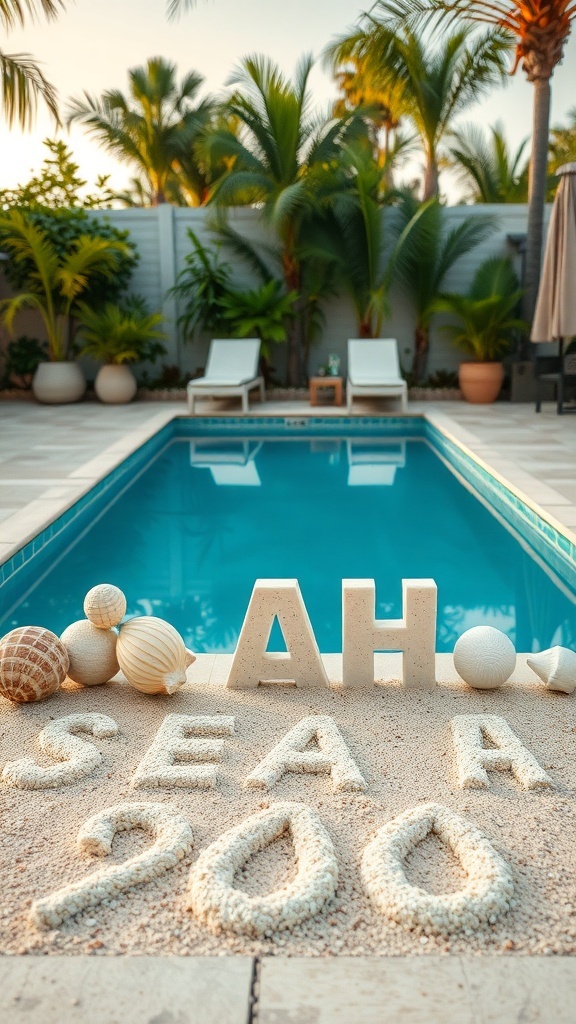 A poolside scene with sand and seashell accents, featuring decorative letters and a serene setting.