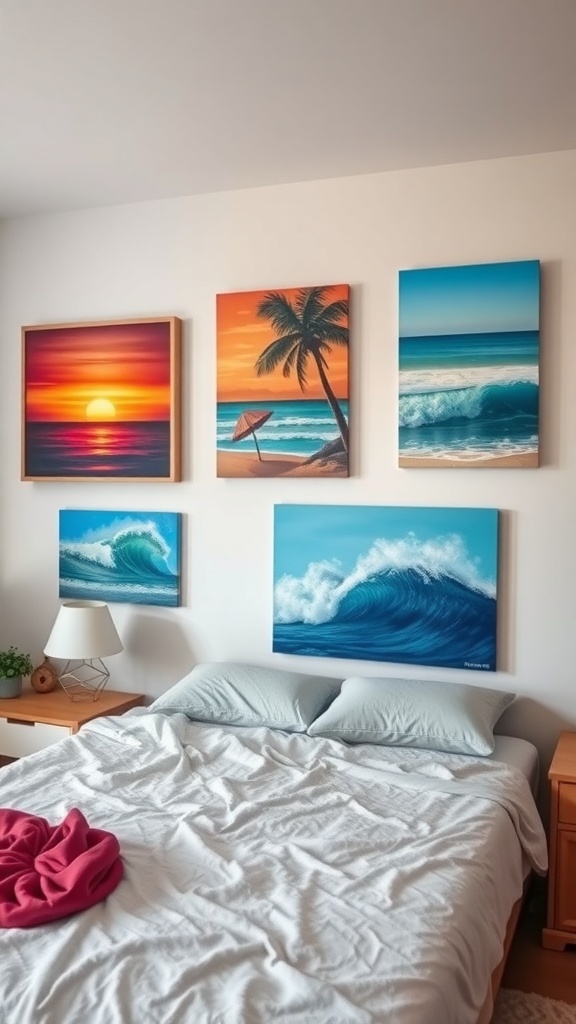 A beach-themed bedroom with colorful wall art featuring sunsets and ocean waves.